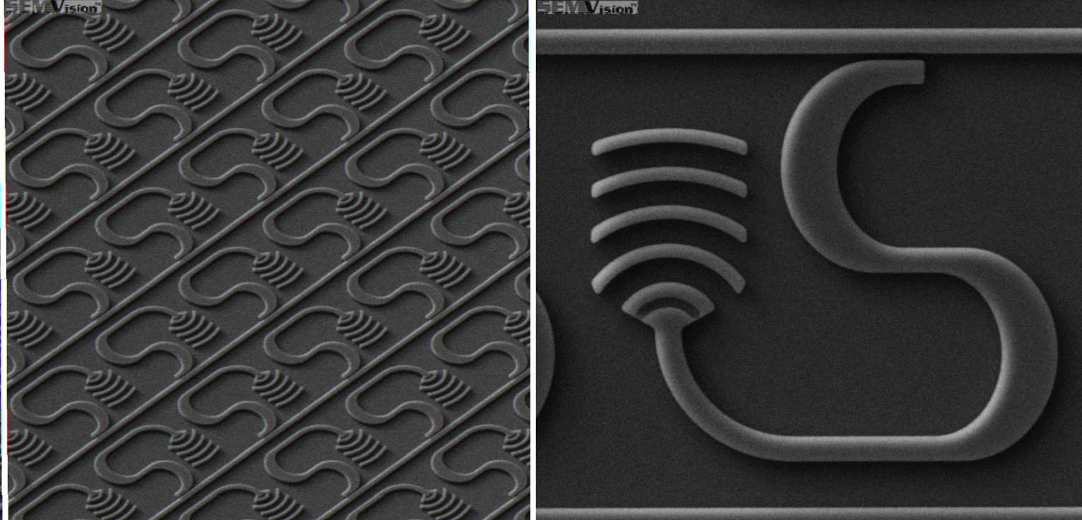 Light entering an array of nanophotonic antennas is distributed through silicon waveguides to individual antenna elements (right). Couplers are designed to deliver the same power to all array elements, which direct most of the light upward.