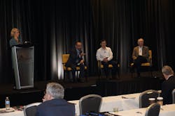 FIGURE 10. Members of the Bioinstrumentation Panel closed out the day with a discussion of the needs of system integrators and the close relationship they need with suppliers. From left to right: Barbara Gefvert (BioOptics World; standing), Muhammad Al-Qaisi (Alcon), Wenyi Feng (Illumina), and Peter Heim (Thorlabs). FIGURE 10. Members of the Bioinstrumentation Panel closed out the day with a discussion of the needs of system integrators and the close relationship they need with suppliers. From left to right: Barbara Gefvert (BioOptics World; standing), Muhammad Al-Qaisi (Alcon), Wenyi Feng (Illumina), and Peter Heim (Thorlabs).