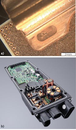 FIGURE 5. Welding a copper contact on a DCB plate (a) and a control module (b). FIGURE 5. Welding a copper contact on a DCB plate (a) and a control module (b).