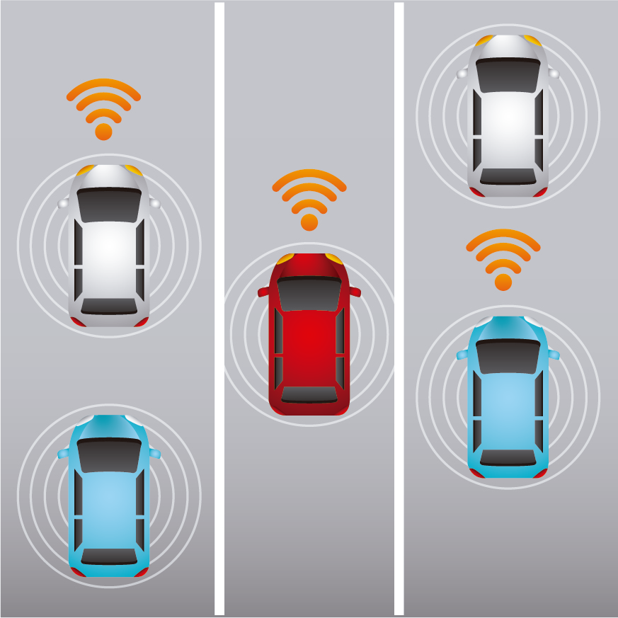 Colorful autonomous vehicles with wireless waves over a street.
