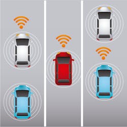 Colorful autonomous vehicles with wireless waves over a street. Colorful autonomous vehicles with wireless waves over a street.