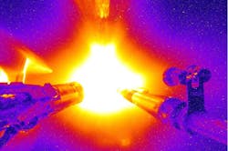 Colorized image of a NIF &ldquo;Big Foot&rdquo; deuterium-tritium (DT) implosion.