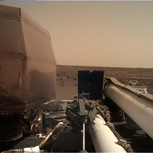 NASA's InSight Mars lander acquired this image using Teledyne's robotic arm-mounted, Instrument Deployment Camera (IDC). This image was acquired on November 27, 2018, Sol 1 where the local mean solar time for the image exposures was 13:32:45.