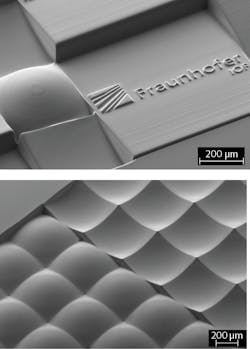 FIGURE 4. Scanning electron micrographs of patterned resist surfaces, showing a close-packed collage of typical refractive microstructures (a) and convex and concave microlens arrays (b). FIGURE 4. Scanning electron micrographs of patterned resist surfaces, showing a close-packed collage of typical refractive microstructures (a) and convex and concave microlens arrays (b).