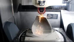 FIGURE 3. L-DED of a notional blade geometry on a DEM MORI LASERTEC 65 DED hybrid system. FIGURE 3. L-DED of a notional blade geometry on a DEM MORI LASERTEC 65 DED hybrid system.