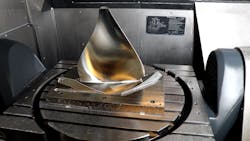 FIGURE 4. Finish-machined notional blade geometry on a DEM MORI LASERTEC 65 DED hybrid system. FIGURE 4. Finish-machined notional blade geometry on a DEM MORI LASERTEC 65 DED hybrid system.
