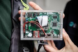 A close-up of the image processing unit of the wearable collision device. A close-up of the image processing unit of the wearable collision device.
