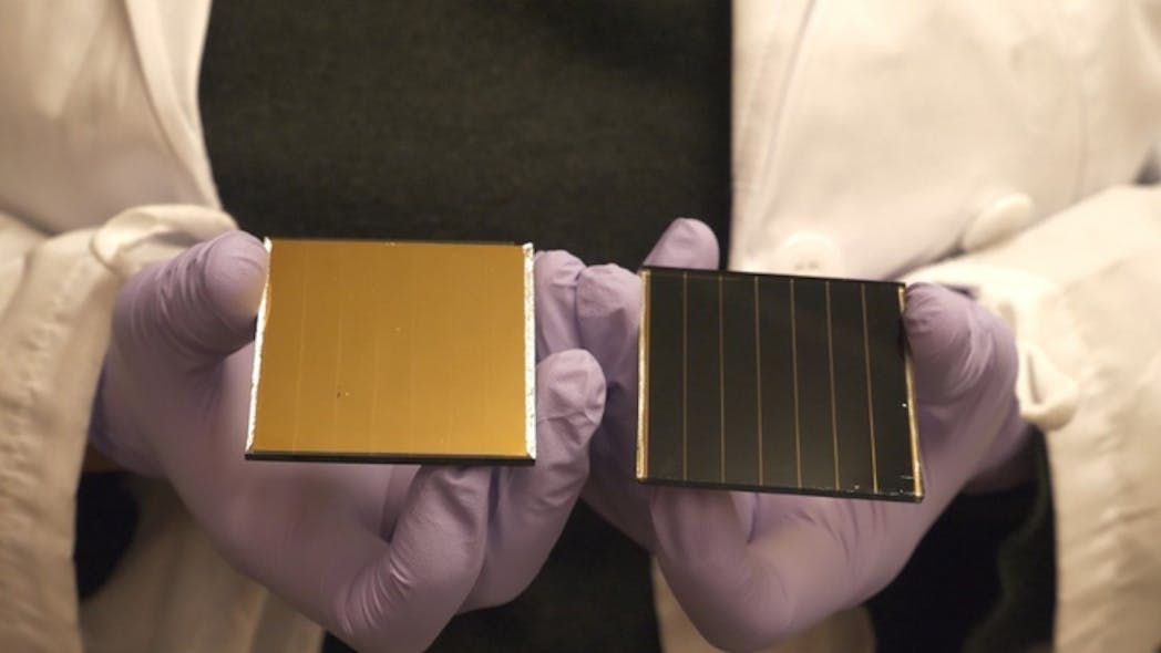 Former OIST Ph.D. student Dr. Afshan Jamshaid showcases perovskite solar cells. The perovskite layer is sandwiched in the center between other functional layers of the solar cell.