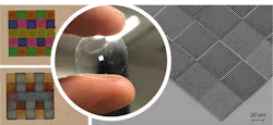 The glass substrate showing the 3D printed sensor (center). At left are optical microscopy images showing the pixelated sensor in response to different vapors; at right is a scanning electron microscopy image of the pixelated sensor, depicting the different heights of the periodic structure.