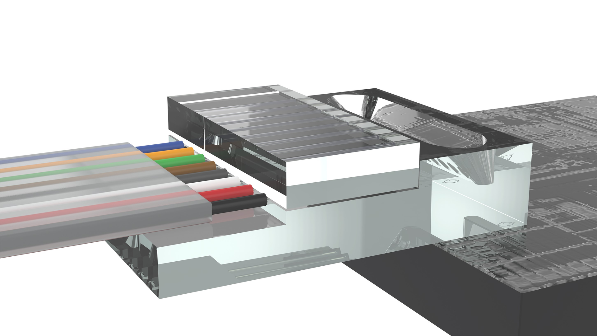 OptoCplrLT with fiber assembly, coupling to silicon photonics (SiPh) grating couplers.