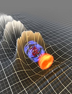 A depiction of laser-driven electron acceleration, in which an intense light pulse (yellow-orange) produces a plasma wave (white, modulated surface) from oscillating electrons and stationary helium ions. Some electrons leave the plasma wave and fly close to the speed of light as a swarm (red spheres) behind the laser pulse. A depiction of laser-driven electron acceleration, in which an intense light pulse (yellow-orange) produces a plasma wave (white, modulated surface) from oscillating electrons and stationary helium ions. Some electrons leave the plasma wave and fly close to the speed of light as a swarm (red spheres) behind the laser pulse.