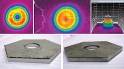 Real-time beam profiling for a CO2 laser reveals beam irregularities and instabilities (top left) not present in a stable beam profile (top right). These beam irregularities are the difference between bad (lower left) and good (lower right) outcomes in materials processing applications. Real-time beam profiling for a CO2 laser reveals beam irregularities and instabilities (top left) not present in a stable beam profile (top right). These beam irregularities are the difference between bad (lower left) and good (lower right) outcomes in materials processing applications.