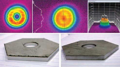 Real-time beam profiling for a CO2 laser reveals beam irregularities and instabilities (top left) not present in a stable beam profile (top right). These beam irregularities are the difference between bad (lower left) and good (lower right) outcomes in materials processing applications.