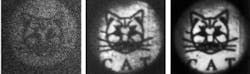 FIGURE 2. Charge-coupled-device images from a Kerr-Fourier imaging system at different gate delays show a cat drawn on clear plastic hidden in 5 cm of 2% intralipid solution. FIGURE 2. Charge-coupled-device images from a Kerr-Fourier imaging system at different gate delays show a cat drawn on clear plastic hidden in 5 cm of 2% intralipid solution.