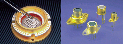 Solid-state thermoelectric coolers are compact enough to be packaged with simple detectors in single standard housings (left). Array detectors require thermoelectric coolers with up to four stages and more complex, multipin packaging (right).
