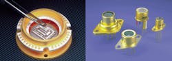 Solid-state thermoelectric coolers are compact enough to be packaged with simple detectors in single standard housings (left). Array detectors require thermoelectric coolers with up to four stages and more complex, multipin packaging (right). Solid-state thermoelectric coolers are compact enough to be packaged with simple detectors in single standard housings (left). Array detectors require thermoelectric coolers with up to four stages and more complex, multipin packaging (right).