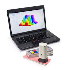 A handheld spectrophotometer device uses a “virtual” LED emitter and inexpensive photodetectors to scan a sample and create a unique wavelength-vs.-intensity plot or ChromaID that uses spectral pattern matching to compare the plot to a database of known ChromaID signatures to identify the substance under test. A handheld spectrophotometer device uses a “virtual” LED emitter and inexpensive photodetectors to scan a sample and create a unique wavelength-vs.-intensity plot or ChromaID that uses spectral pattern matching to compare the plot to a database of known ChromaID signatures to identify the substance under test.