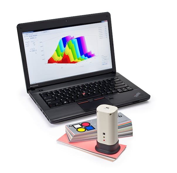A handheld spectrophotometer device uses a &ldquo;virtual&rdquo; LED emitter and inexpensive photodetectors to scan a sample and create a unique wavelength-vs.-intensity plot or ChromaID that uses spectral pattern matching to compare the plot to a database of known ChromaID signatures to identify the substance under test.