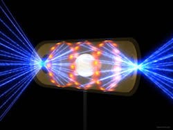 In indirect drive, the method of inertial-confinement fusion pursued at NIF, laser pulses (blue) enter the two open ends of a cylindrical target (called a hohlraum) and strike the metal walls, producing x-rays that heat and compress a central cryogenic hydrogen target (white sphere).
