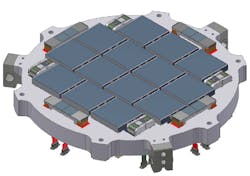 FIGURE 3. The 479 mm diameter CCD focal plane assembly includes 14 9216 × 9216 pixel CCDs, eight 2048 × 2048 pixel wavefront sensor CCDs, and four 1024 × 1024 pixel guide CCDs. FIGURE 3. The 479 mm diameter CCD focal plane assembly includes 14 9216 × 9216 pixel CCDs, eight 2048 × 2048 pixel wavefront sensor CCDs, and four 1024 × 1024 pixel guide CCDs.