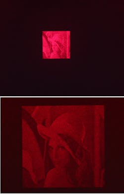 FIGURE 2. A holographic zoom projector based on &ldquo;aliasing-reduced scaled and shifted Fresnel diffraction&rdquo; (ARSS-Fresnel diffraction) has a total experimental zoom of 9 (these two photos show a zoom of 2.5).