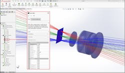 FIGURE 2. A 25 mm single Gauss system is loaded into SOLIDWORKS using LensMechanix after a ray trace is completed. FIGURE 2. A 25 mm single Gauss system is loaded into SOLIDWORKS using LensMechanix after a ray trace is completed.