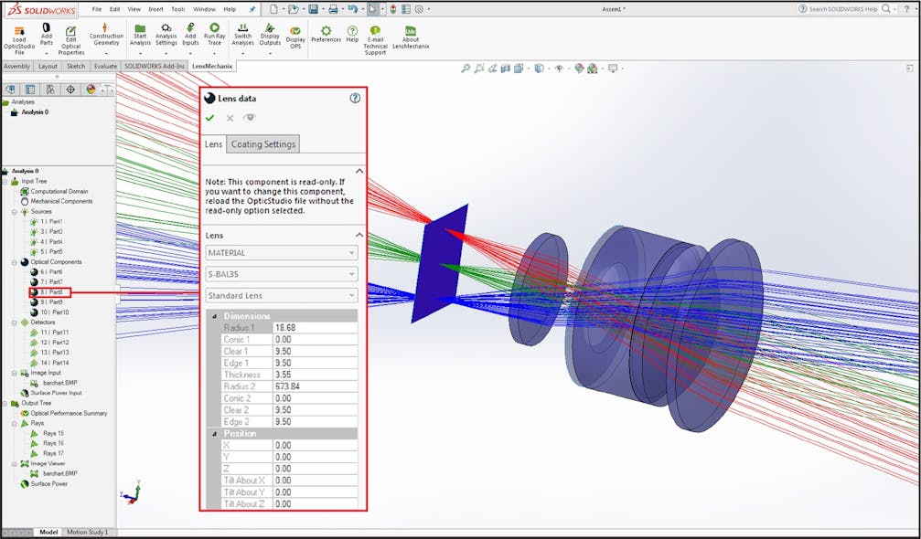 FIGURE 2. A 25 mm single Gauss system is loaded into SOLIDWORKS using LensMechanix after a ray trace is completed.