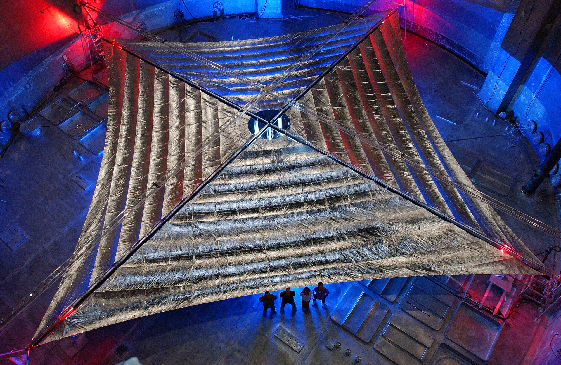FIGURE 1. A NASA prototype solar sail was fabricated with a conventional metallic reflective surface; however, a diffractive solar-sail concept developed at the Rochester Institute of Technology has potential advantages that include higher efficiency and less absorption.