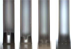 FIGURE 3. A photonic crystal fiber (PCF) is shown in stages as it is spliced to an end cap; where the fiber looks solid (far right), the structure has collapsed. FIGURE 3. A photonic crystal fiber (PCF) is shown in stages as it is spliced to an end cap; where the fiber looks solid (far right), the structure has collapsed.