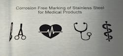 FIGURE 2. These black marks were created on 1.4301 stainless steel using a Coherent Rapid NX picosecond laser incorporated in a Rofin PowerLine marking subsystem. FIGURE 2. These black marks were created on 1.4301 stainless steel using a Coherent Rapid NX picosecond laser incorporated in a Rofin PowerLine marking subsystem.