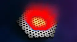 An artist’s rendering of a topological array of VCSELs. All 30 microlasers along a topological interface (blue) act as one, collectively emitting coherent laser light (red).
