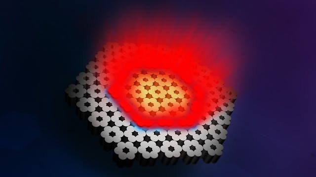 An artist&rsquo;s rendering of a topological array of VCSELs. All 30 microlasers along a topological interface (blue) act as one, collectively emitting coherent laser light (red).