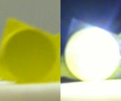 Bright white light (right) is created using laser diodes in combination with phosphors; at left is an image of the phosphor with no illumination. Bright white light (right) is created using laser diodes in combination with phosphors; at left is an image of the phosphor with no illumination.