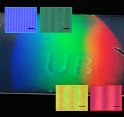 A rainbow-colored grating, about 25 mm wide, is shown under sunlight. Enlarged microscope images show the graded surface, with the black bars indicating a length of 10 microns. A rainbow-colored grating, about 25 mm wide, is shown under sunlight. Enlarged microscope images show the graded surface, with the black bars indicating a length of 10 microns.