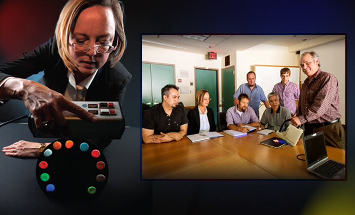 At left, Nerine Cherepy of Lawrence Livermore displays commercial phosphors (six samples from bottom left of semi-circle) and phosphors being developed by LLNL and collaborators as replacements (five on right). LLNL, Oak Ridge National Laboratory and GE are working to improve the efficiency of the new phosphors to replace commercial phosphors. Inset: The CMI phosphor team members include (from left) Paul Martinez, Cherepy, Zach Seeley, Kiel Holliday, Ich Tran, Nick Harvey and Steve Payne. Not shown are Daniel Aberg and Fei Zhou.