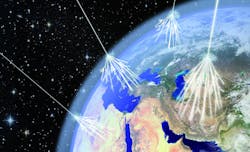 An illustration shows &apos;air showers&apos; that result when ultrahigh-energy cosmic rays strike the top of the Earth&apos;s atmosphere and collide with air nuclei, producing other particles that lose most of their energy before reaching the ground.
