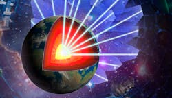 The NIF lasers are focused onto a multistepped iron sample at the center of a 10-meter-diameter target chamber. These experiments measure the equation of state of iron under core conditions of large rocky exoplanets. The NIF lasers are focused onto a multistepped iron sample at the center of a 10-meter-diameter target chamber. These experiments measure the equation of state of iron under core conditions of large rocky exoplanets.