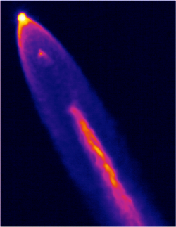 A thermal image shows the Space X Falcon 9 first stage performing propulsive descent on Sept. 21, 2014. Supersonic retropropulsion data obtained from this flight test is being analyzed by NASA to design future Mars landing systems. A thermal image shows the Space X Falcon 9 first stage performing propulsive descent on Sept. 21, 2014. Supersonic retropropulsion data obtained from this flight test is being analyzed by NASA to design future Mars landing systems.