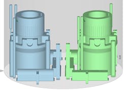 FIGURE 1. Two choke valves optimized with IMI&rsquo;s DRAG technology, pictured in a Velo3D Flow software build file.