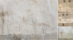 FIGURE 1. The final result of Leonardo da Vinci’s “Tiny Landscape” after different stages of cleaning are shown in the side sequence (Milan, Castello Sforzesco, Sala delle Asse, southwest wall; courtesy of the Municipality of Milan/Ranzani 2015 and 2019).