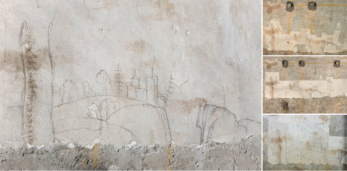 FIGURE 1. The final result of Leonardo da Vinci&rsquo;s &ldquo;Tiny Landscape&rdquo; after different stages of cleaning are shown in the side sequence (Milan, Castello Sforzesco, Sala delle Asse, southwest wall; courtesy of the Municipality of Milan/Ranzani 2015 and 2019).