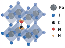 FIGURE 2. Methyl ammonium lead triiodide (CH3NH3)PbI3, or MAPbI3, a photovoltaic semiconductor in development, showing crystalline structure.