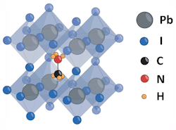 FIGURE 2. Methyl ammonium lead triiodide (CH3NH3)PbI3, or MAPbI3, a photovoltaic semiconductor in development, showing crystalline structure. FIGURE 2. Methyl ammonium lead triiodide (CH3NH3)PbI3, or MAPbI3, a photovoltaic semiconductor in development, showing crystalline structure.