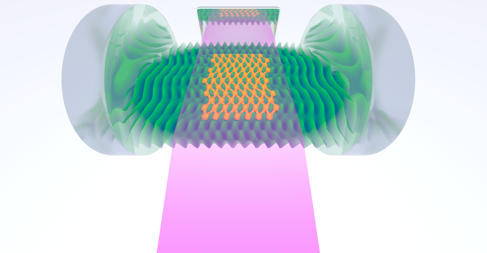 Illustration of a system that produces the first optical lattice with sound. Light is pumped in through three sources&mdash;including through a digital mirror device (DMD)&mdash;and produces a super-solid of atoms (orange) that can vibrate.
