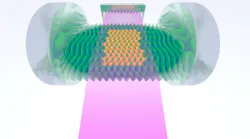 Illustration of a system that produces the first optical lattice with sound. Light is pumped in through three sources—including through a digital mirror device (DMD)—and produces a super-solid of atoms (orange) that can vibrate.