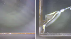 Nd:alumina (left) shows no signs of cracking at 40 W applied optical pumping at 808 nm, while Nd:YAG (right) cracks at 25 W.