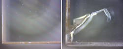 Nd:alumina (left) shows no signs of cracking at 40 W applied optical pumping at 808 nm, while Nd:YAG (right) cracks at 25 W. Nd:alumina (left) shows no signs of cracking at 40 W applied optical pumping at 808 nm, while Nd:YAG (right) cracks at 25 W.