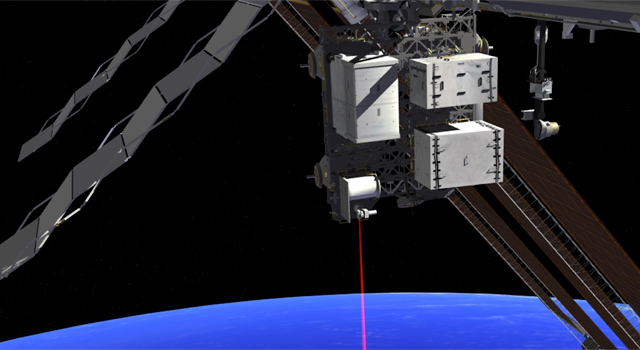 This artist's concept shows how the Optical Payload for Lasercomm Science (OPALS) laser will beam data to Earth from the International Space Station.