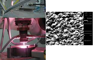 A photon plasmatron coats a workpiece with polycrystalline diamond (left). A microscopic view of a deposited diamond layer reveals its polycrystalline nature (right). The deposition of this layer was performed at a rate of 2 &micro;m/min.