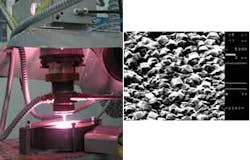 A photon plasmatron coats a workpiece with polycrystalline diamond (left). A microscopic view of a deposited diamond layer reveals its polycrystalline nature (right). The deposition of this layer was performed at a rate of 2 µm/min. A photon plasmatron coats a workpiece with polycrystalline diamond (left). A microscopic view of a deposited diamond layer reveals its polycrystalline nature (right). The deposition of this layer was performed at a rate of 2 µm/min.